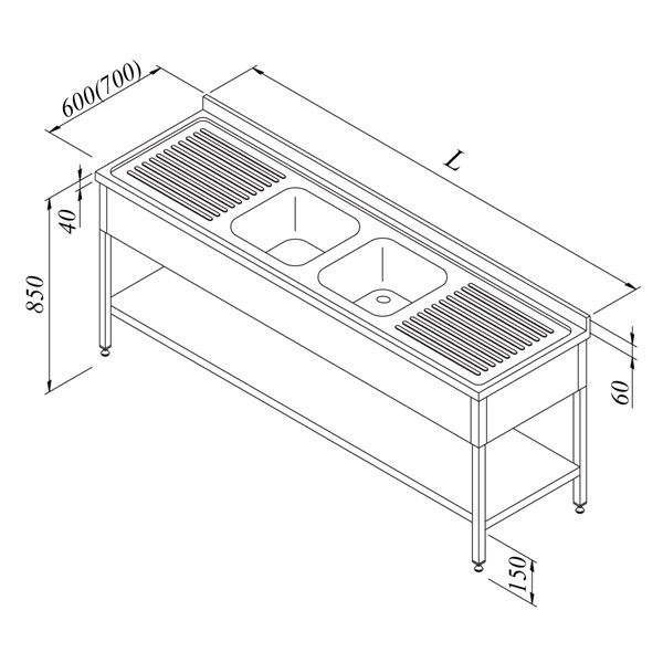 Öztiryakiler Evyeli Tezgah 2G/2D 3 Perdeli Taban Raflı 180*60